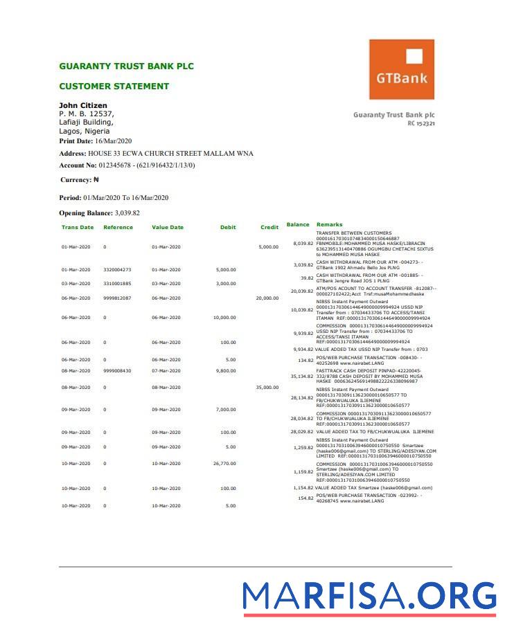Blank Nigeria GTBank proof of address bank statement word sample
